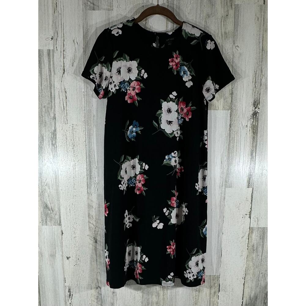 J Jill Wearever Collection Shift Dress Size XS Black Floral Keyhole Neck Stretch